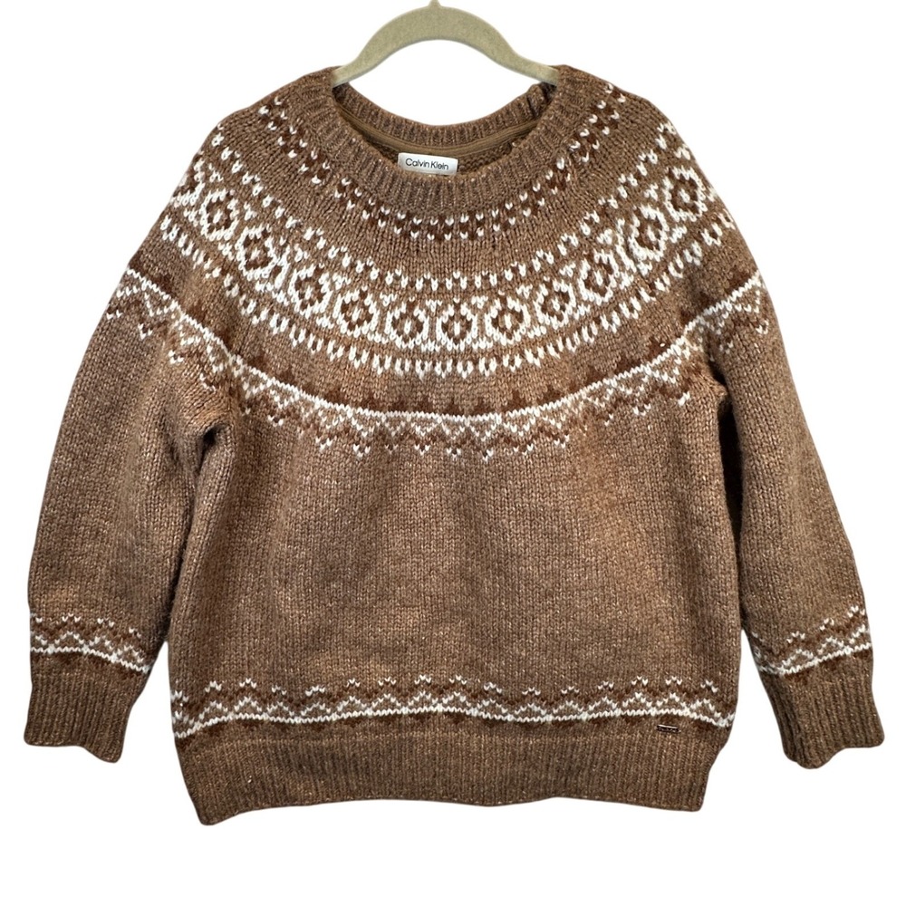 Calvin Klein Brown Fair Isle Nordic Knit Wool Blend Sweater Tan Medium